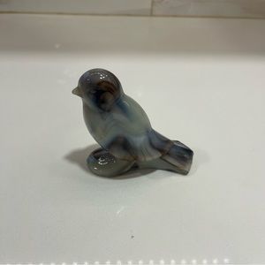 L E Smith slag glass bird in greys blues browns